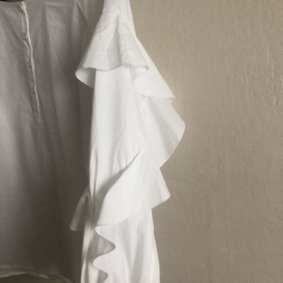 Splendid Crewneck Button-placket Ruffle-sleeve Poplin Shirt In White Size Large - Picture 3 of 11